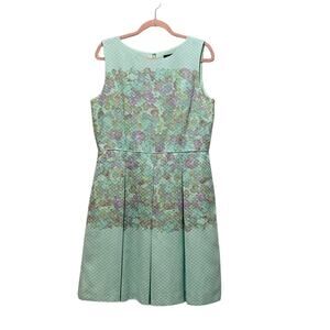 TAHARI ASL Mint Green Pastel Watercolor Pleated Fit & Flare Dress Sz 14 Pockets